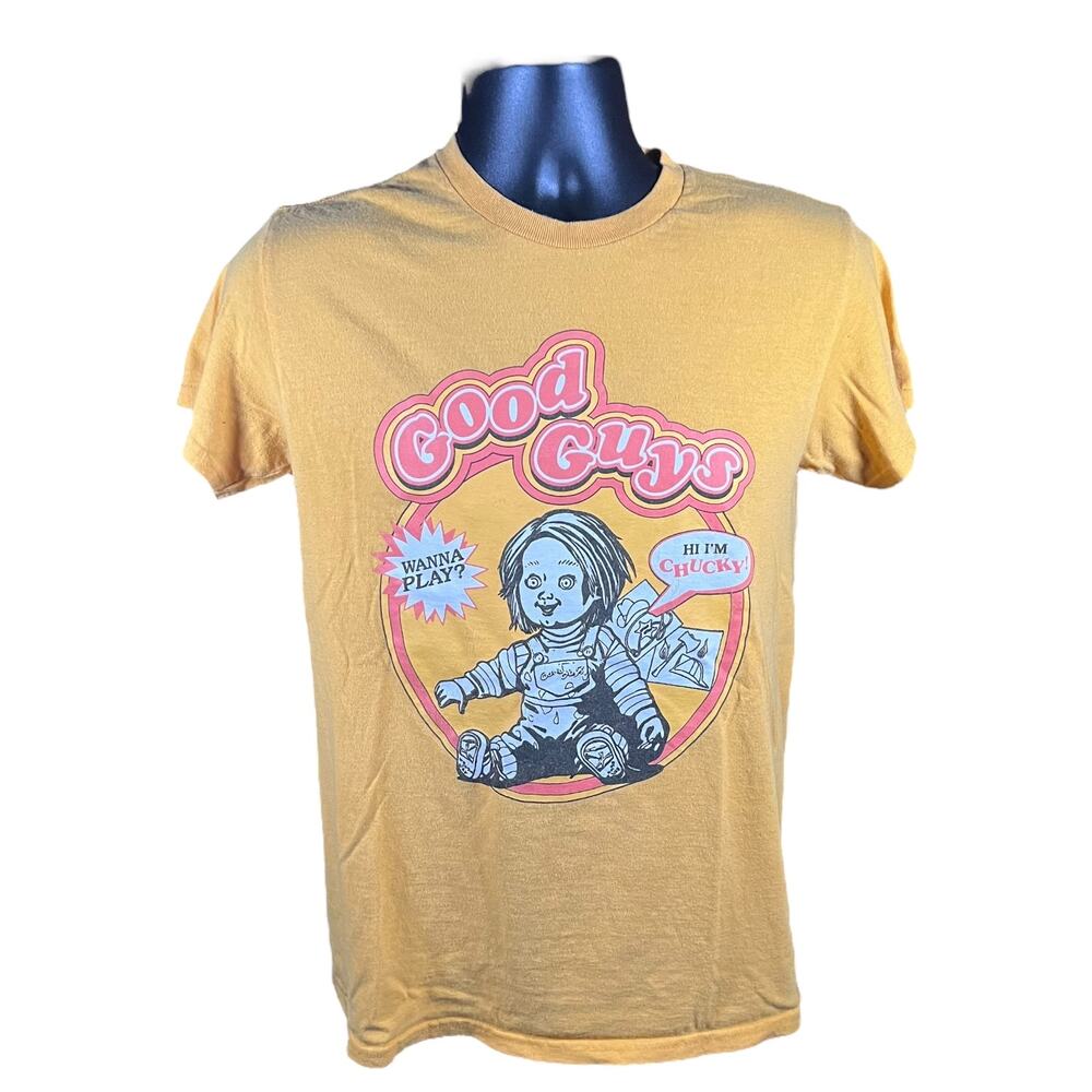 Vintage Horror Graphic Tee Yellow Crew Neck 90s Grunge Large Chucky Style